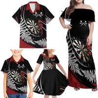 New Zealand Darts Personalised Family Matching Off Shoulder Maxi Dress and Hawaiian Shirt Silver Fern Dynamic