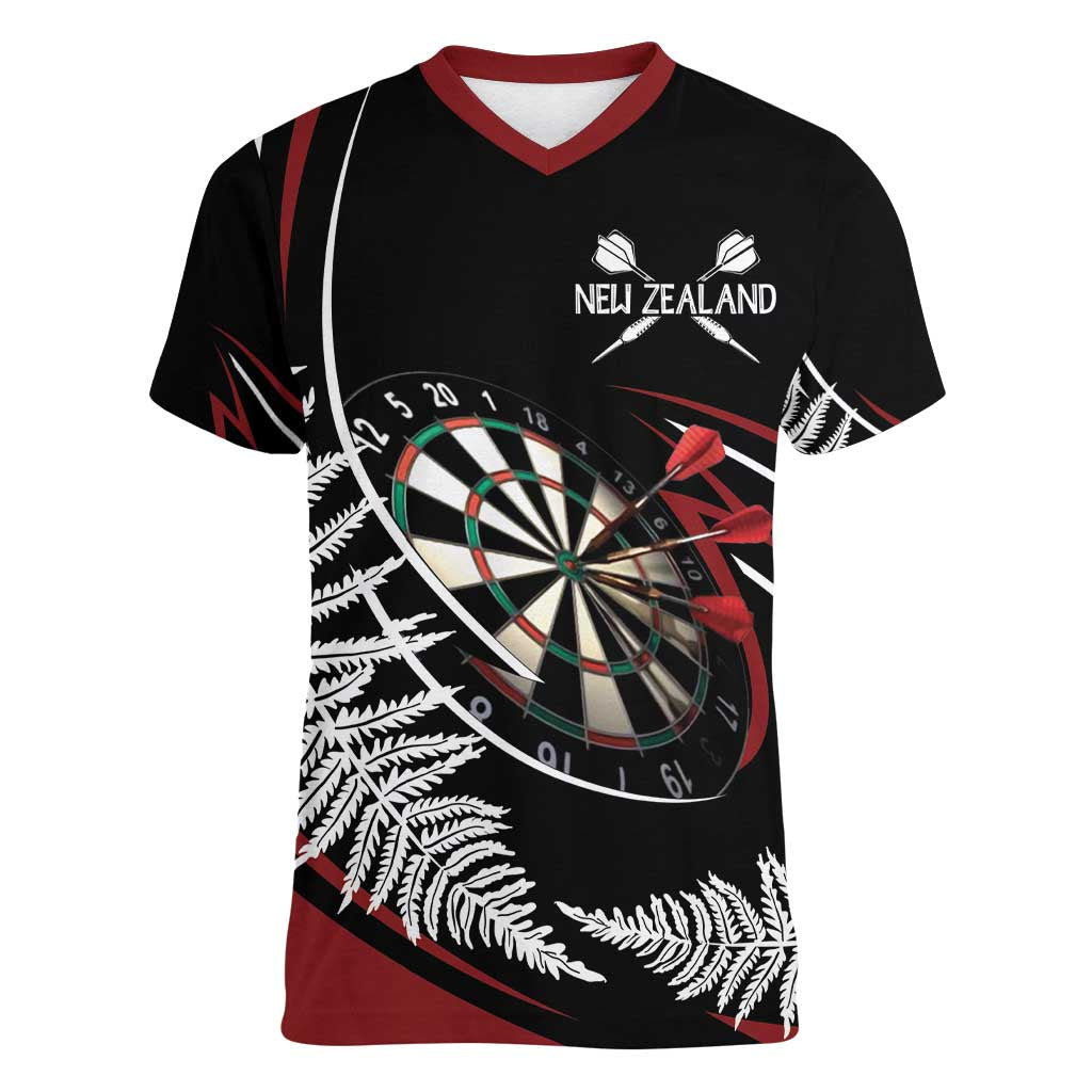 New Zealand Darts Personalised Women V-Neck T-Shirt Silver Fern Dynamic