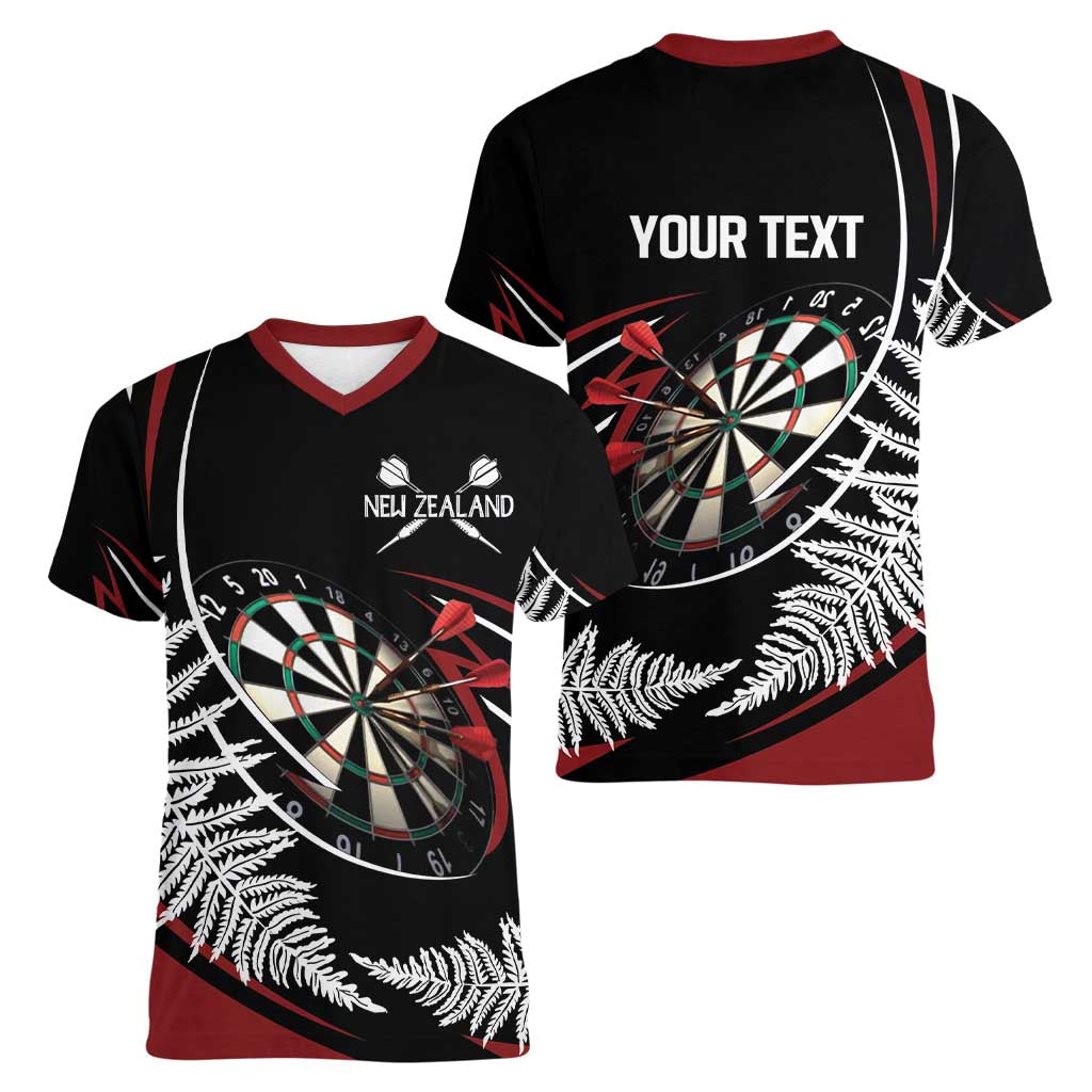 New Zealand Darts Personalised Women V-Neck T-Shirt Silver Fern Dynamic