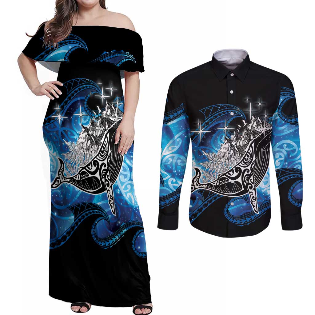 Maori Matariki Te Araroa Paikea Starry Couples Matching Off Shoulder Maxi Dress and Long Sleeve Button Shirt Tangaroa Whakatauki