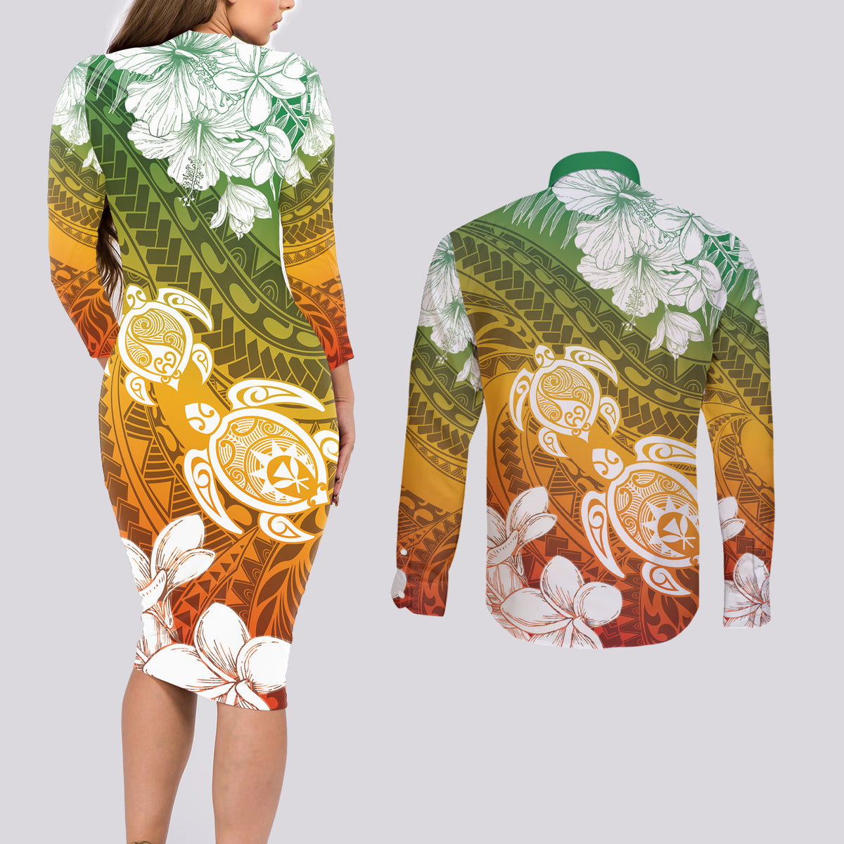 Kanaka Maoli Hawaii Flag Day Couples Matching Long Sleeve Bodycon Dress and Long Sleeve Button Shirt Vibrant Frangipani