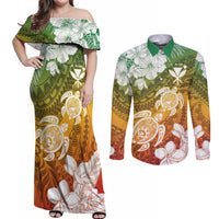 Kanaka Maoli Hawaii Flag Day Couples Matching Off Shoulder Maxi Dress and Long Sleeve Button Shirt Vibrant Frangipani