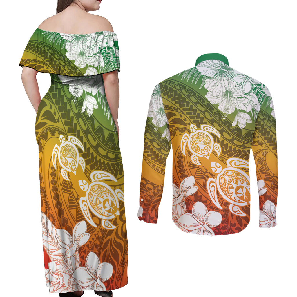 Kanaka Maoli Hawaii Flag Day Couples Matching Off Shoulder Maxi Dress and Long Sleeve Button Shirt Vibrant Frangipani