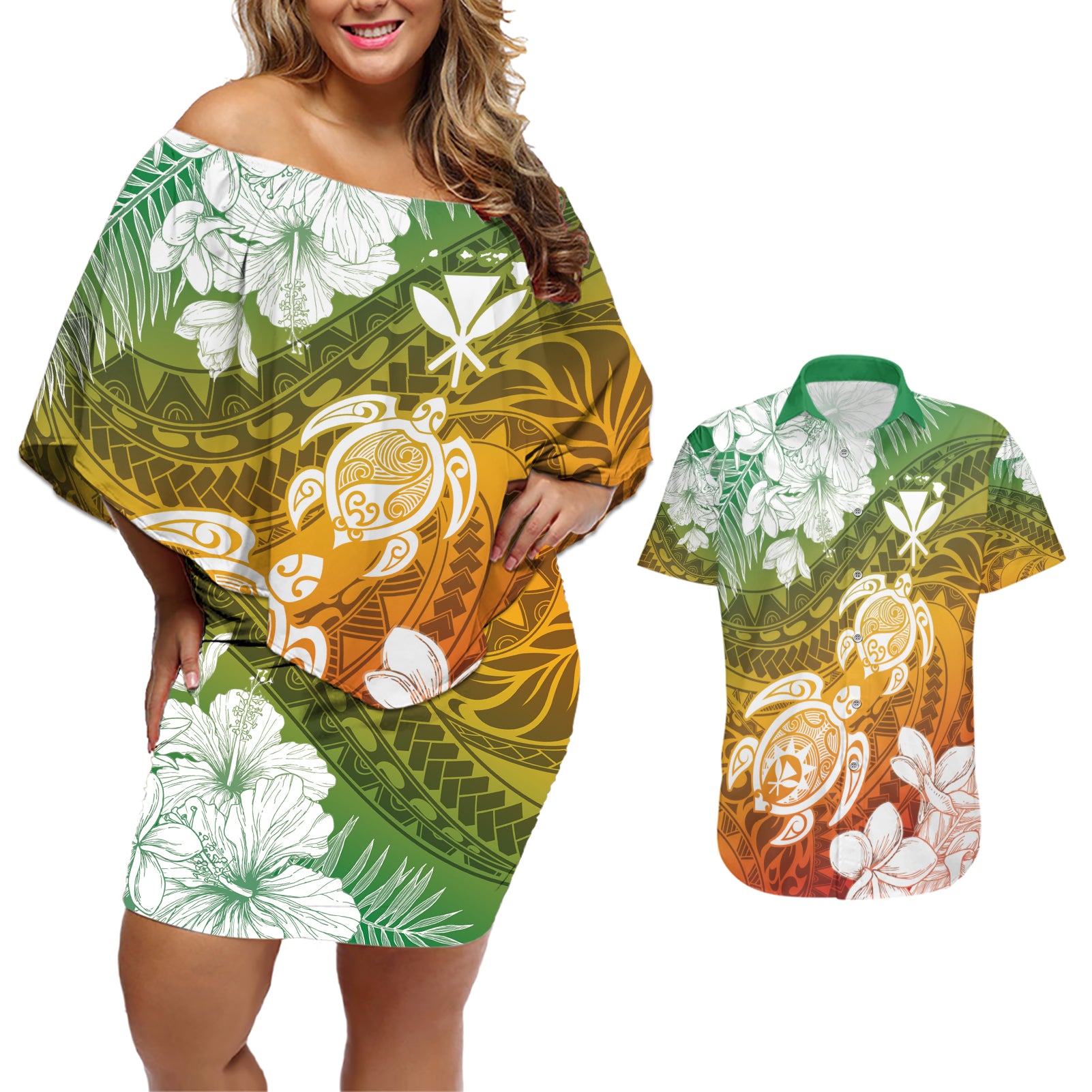 Kanaka Maoli Hawaii Flag Day Couples Matching Off Shoulder Short Dress and Hawaiian Shirt Vibrant Frangipani