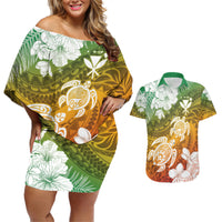 Kanaka Maoli Hawaii Flag Day Couples Matching Off Shoulder Short Dress and Hawaiian Shirt Vibrant Frangipani