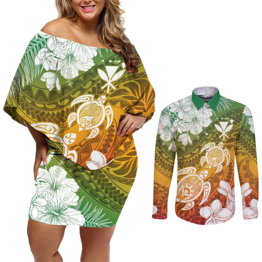 Kanaka Maoli Hawaii Flag Day Couples Matching Off Shoulder Short Dress and Long Sleeve Button Shirt Vibrant Frangipani