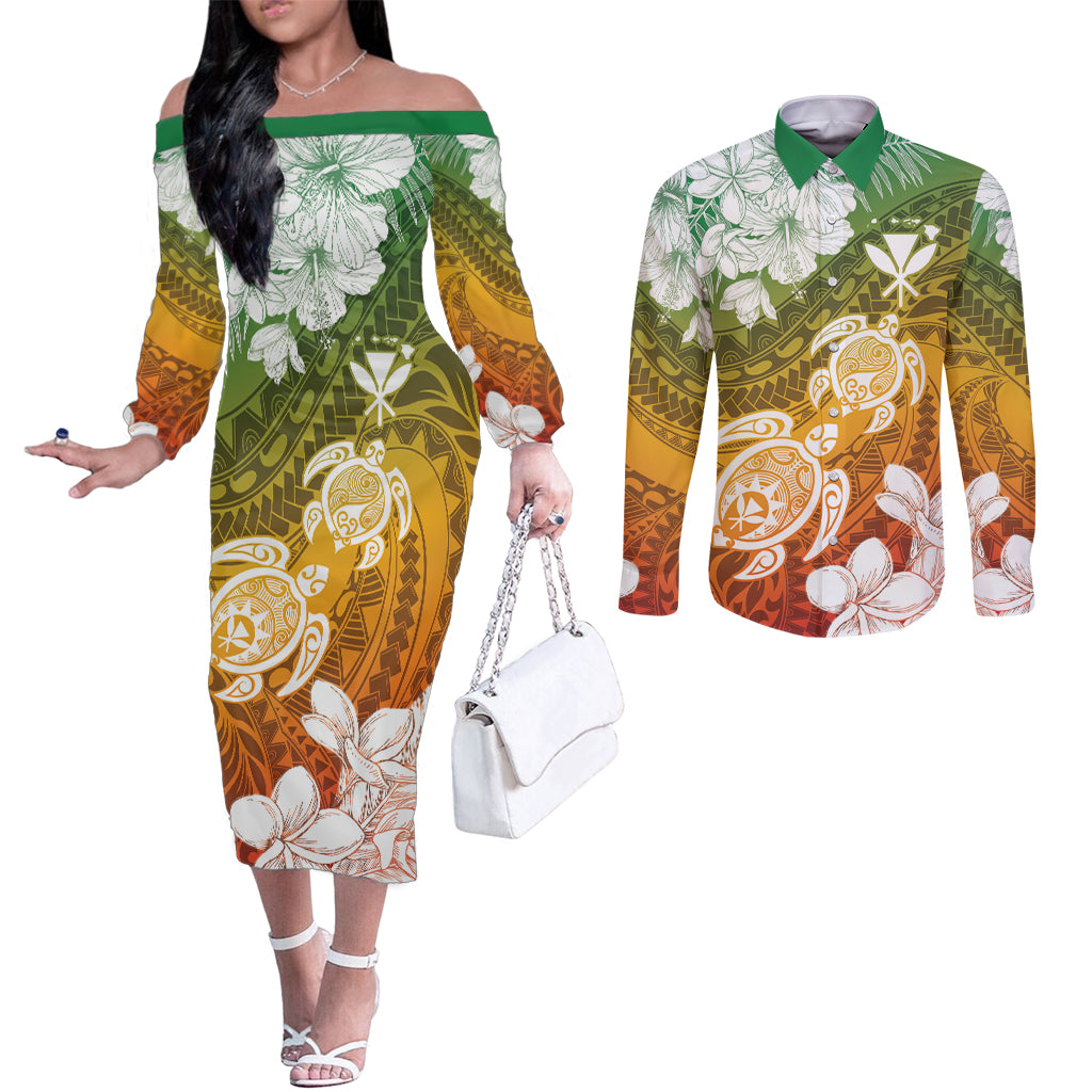 Kanaka Maoli Hawaii Flag Day Couples Matching Off The Shoulder Long Sleeve Dress and Long Sleeve Button Shirt Vibrant Frangipani
