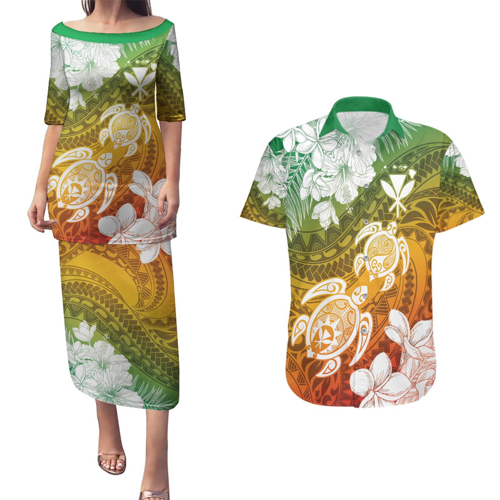 Kanaka Maoli Hawaii Flag Day Couples Matching Puletasi and Hawaiian Shirt Vibrant Frangipani