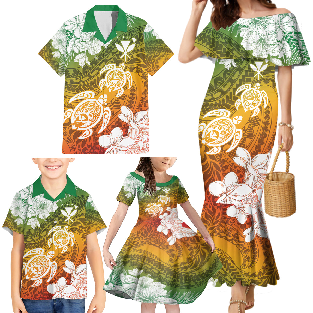 Kanaka Maoli Hawaii Flag Day Family Matching Mermaid Dress and Hawaiian Shirt Vibrant Frangipani