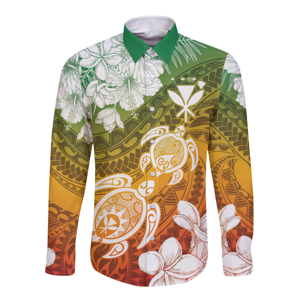 Kanaka Maoli Hawaii Flag Day Long Sleeve Button Shirt Vibrant Frangipani