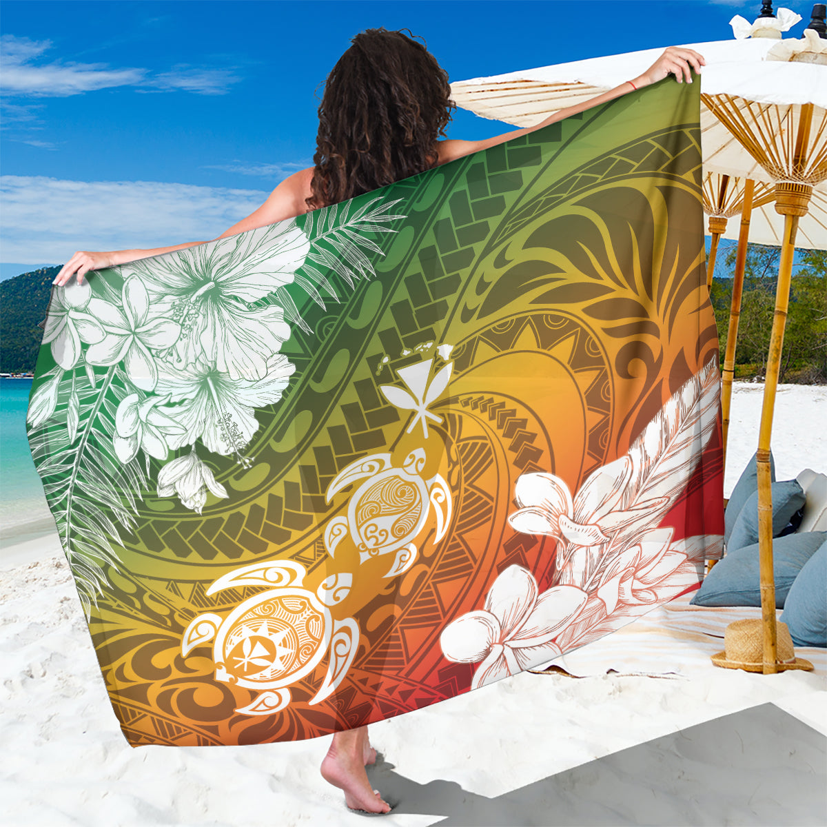 Kanaka Maoli Hawaii Flag Day Sarong Vibrant Frangipani