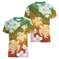 Kanaka Maoli Hawaii Flag Day Women V-Neck T-Shirt Vibrant Frangipani