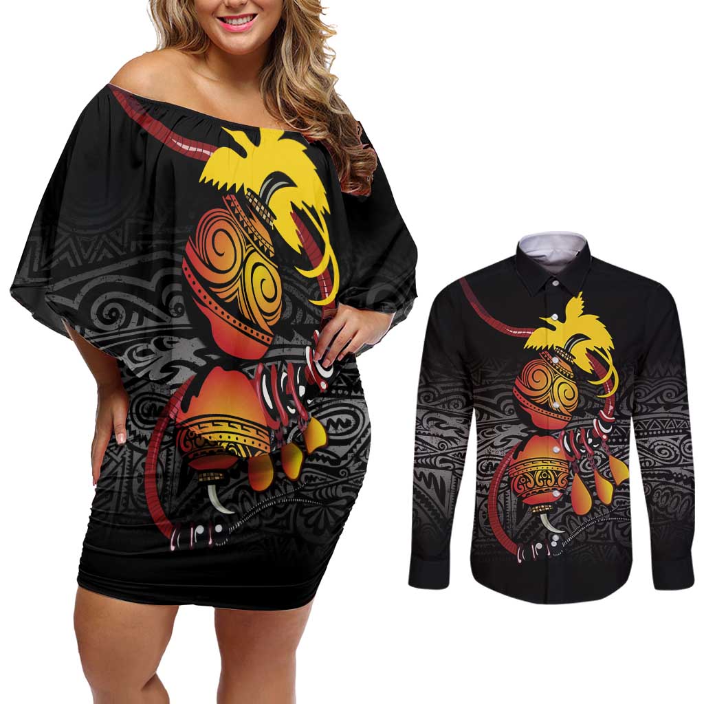 Personalized Papua New Guinea Milne Bay Couples Matching Off Shoulder Short Dress and Long Sleeve Button Shirt Bagi Necklace Mix Lime Pot Grunge