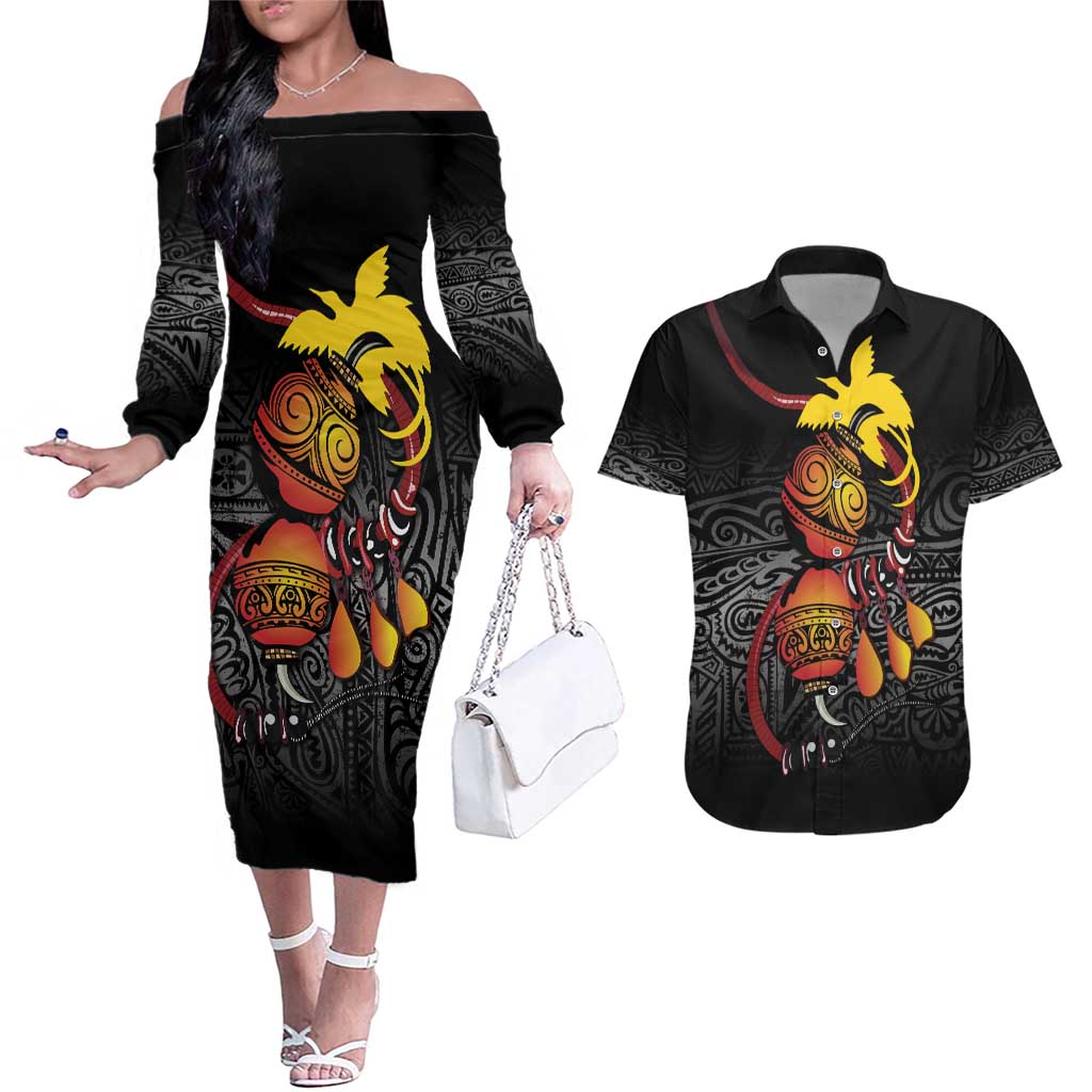 Personalized Papua New Guinea Milne Bay Couples Matching Off The Shoulder Long Sleeve Dress and Hawaiian Shirt Bagi Necklace Mix Lime Pot Grunge