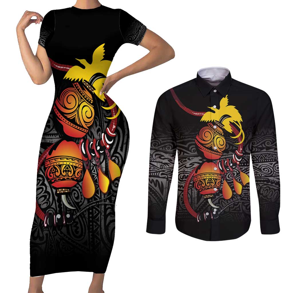 Personalized Papua New Guinea Milne Bay Couples Matching Short Sleeve Bodycon Dress and Long Sleeve Button Shirt Bagi Necklace Mix Lime Pot Grunge