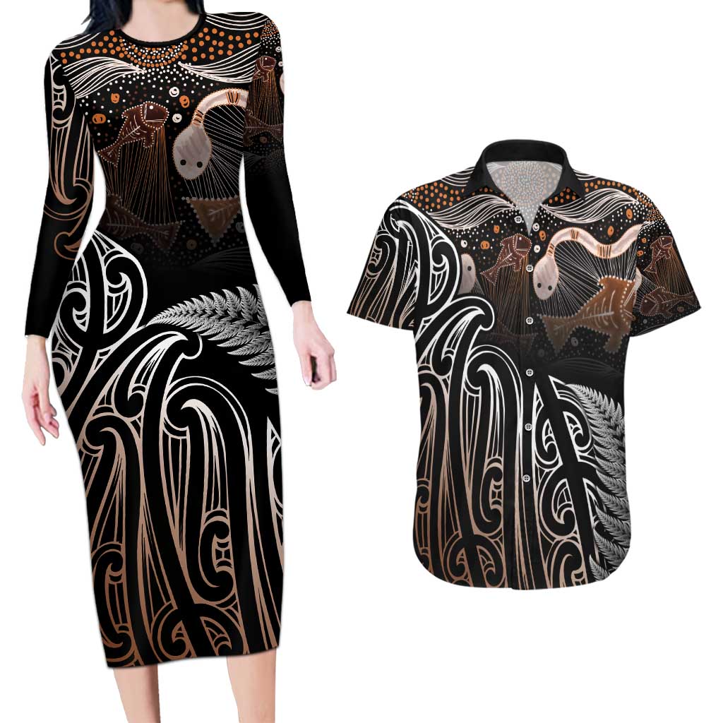 Aotearoa Maori - Australia Indigenous Couples Matching Long Sleeve Bodycon Dress and Hawaiian Shirt Koiri Whakairo Mix Aboriginal Art - Polynesian Pride