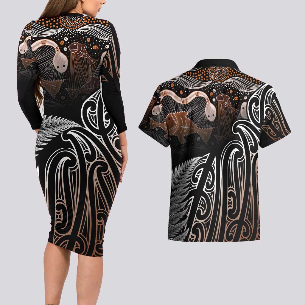 Aotearoa Maori - Australia Indigenous Couples Matching Long Sleeve Bodycon Dress and Hawaiian Shirt Koiri Whakairo Mix Aboriginal Art - Polynesian Pride