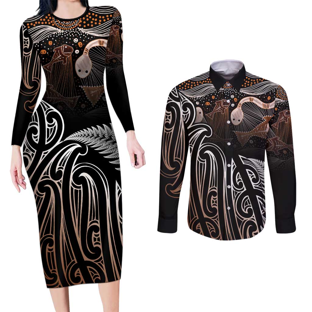 Aotearoa Maori - Australia Indigenous Couples Matching Long Sleeve Bodycon Dress and Long Sleeve Button Shirt Koiri Whakairo Mix Aboriginal Art - Polynesian Pride