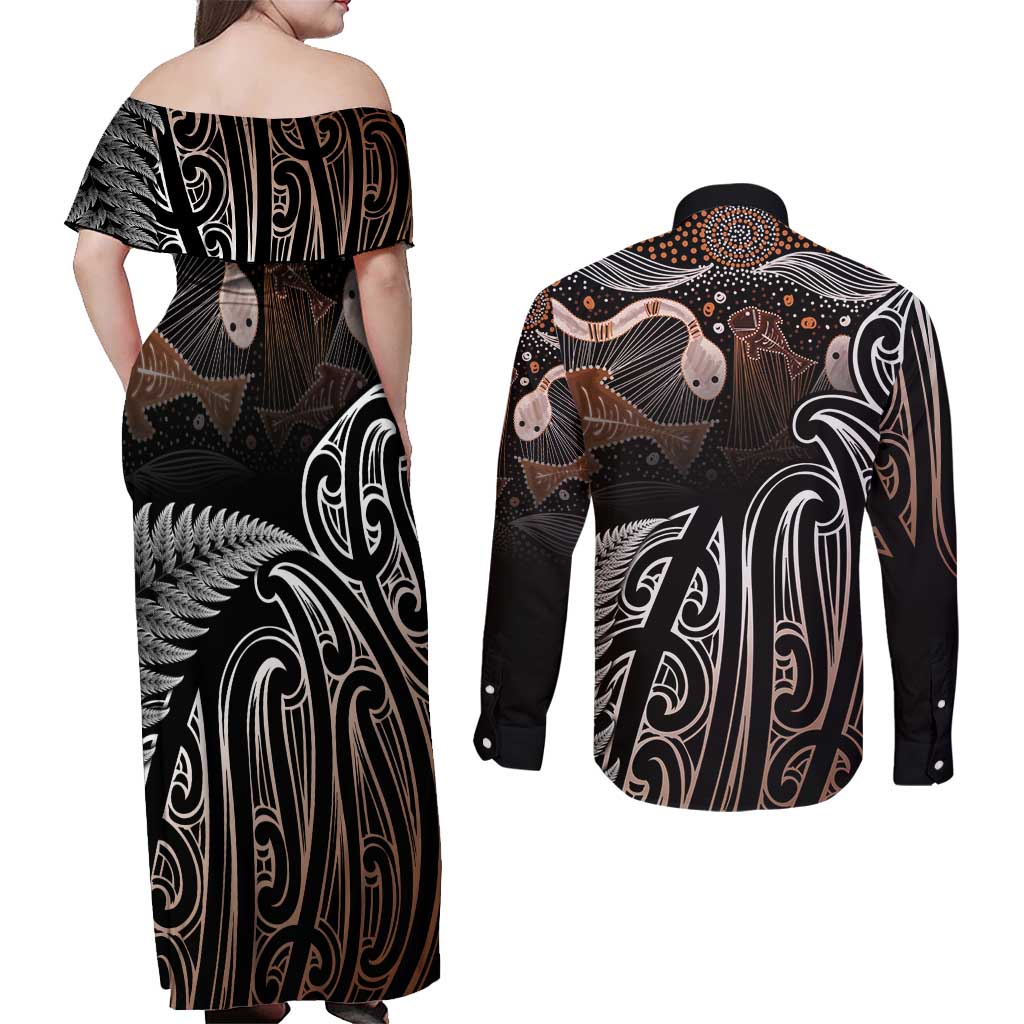 Aotearoa Maori - Australia Indigenous Couples Matching Off Shoulder Maxi Dress and Long Sleeve Button Shirt Koiri Whakairo Mix Aboriginal Art - Polynesian Pride