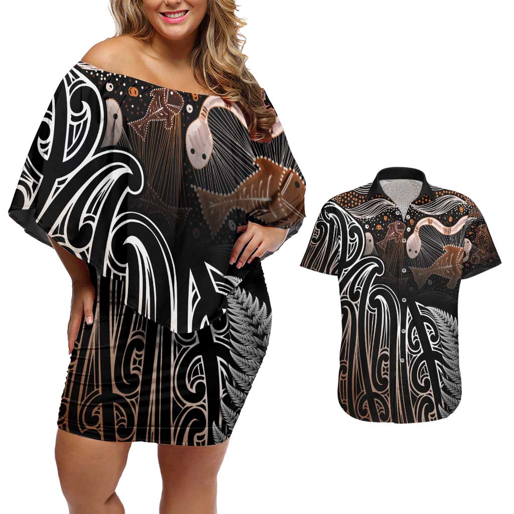 Aotearoa Maori - Australia Indigenous Couples Matching Off Shoulder Short Dress and Hawaiian Shirt Koiri Whakairo Mix Aboriginal Art - Polynesian Pride