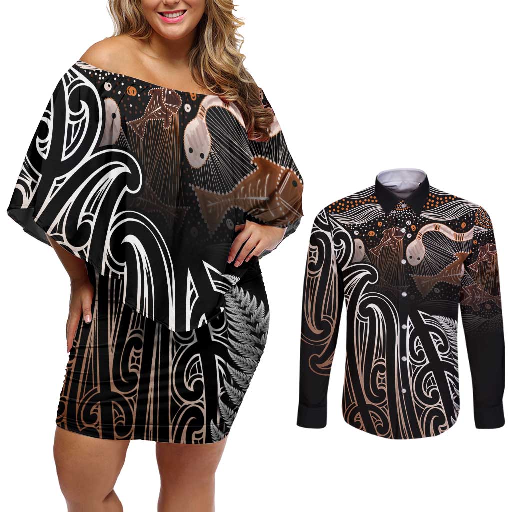 Aotearoa Maori - Australia Indigenous Couples Matching Off Shoulder Short Dress and Long Sleeve Button Shirt Koiri Whakairo Mix Aboriginal Art - Polynesian Pride