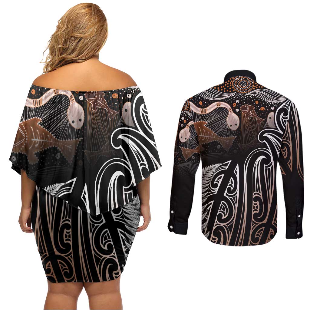 Aotearoa Maori - Australia Indigenous Couples Matching Off Shoulder Short Dress and Long Sleeve Button Shirt Koiri Whakairo Mix Aboriginal Art - Polynesian Pride