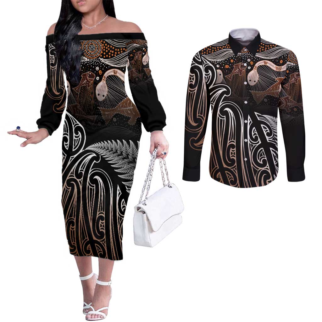 Aotearoa Maori - Australia Indigenous Couples Matching Off The Shoulder Long Sleeve Dress and Long Sleeve Button Shirt Koiri Whakairo Mix Aboriginal Art - Polynesian Pride
