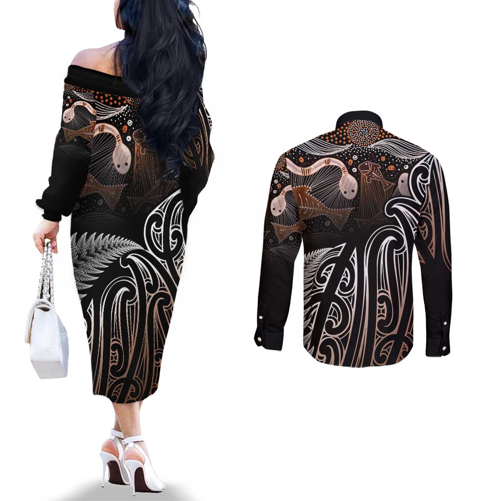 Aotearoa Maori - Australia Indigenous Couples Matching Off The Shoulder Long Sleeve Dress and Long Sleeve Button Shirt Koiri Whakairo Mix Aboriginal Art - Polynesian Pride