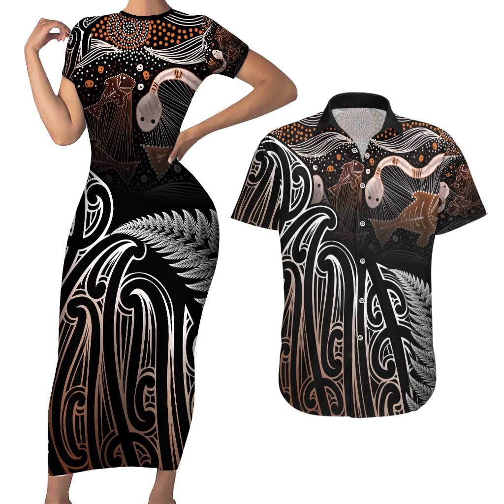Aotearoa Maori - Australia Indigenous Couples Matching Short Sleeve Bodycon Dress and Hawaiian Shirt Koiri Whakairo Mix Aboriginal Art - Polynesian Pride