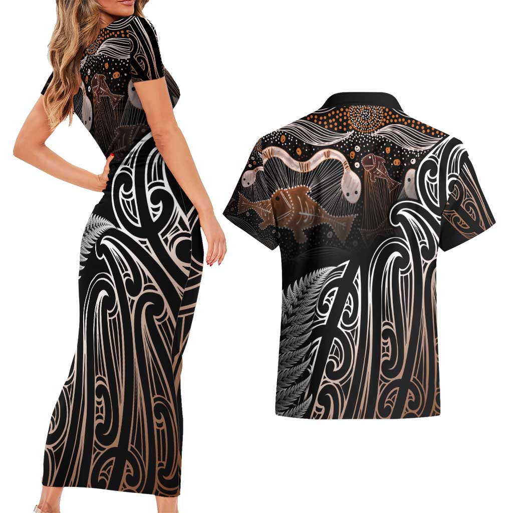 Aotearoa Maori - Australia Indigenous Couples Matching Short Sleeve Bodycon Dress and Hawaiian Shirt Koiri Whakairo Mix Aboriginal Art - Polynesian Pride
