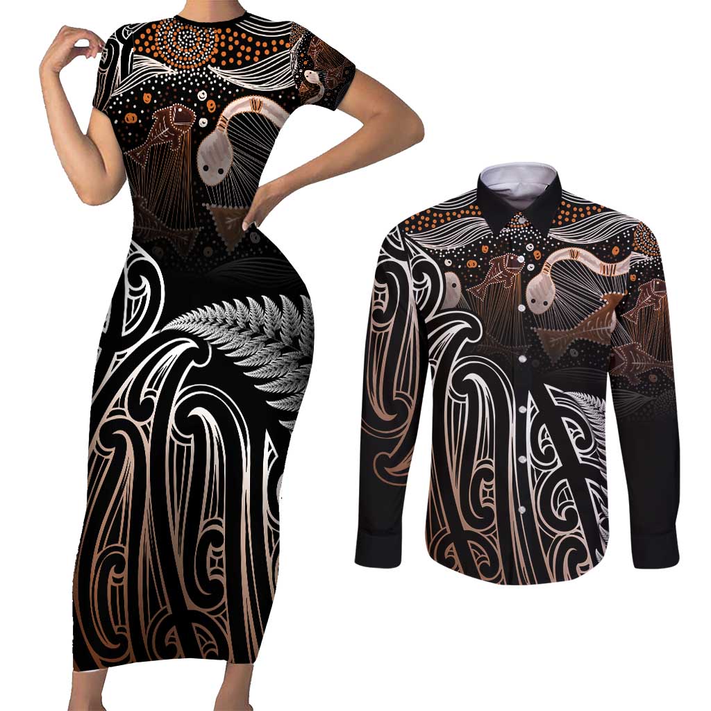 Aotearoa Maori - Australia Indigenous Couples Matching Short Sleeve Bodycon Dress and Long Sleeve Button Shirt Koiri Whakairo Mix Aboriginal Art - Polynesian Pride