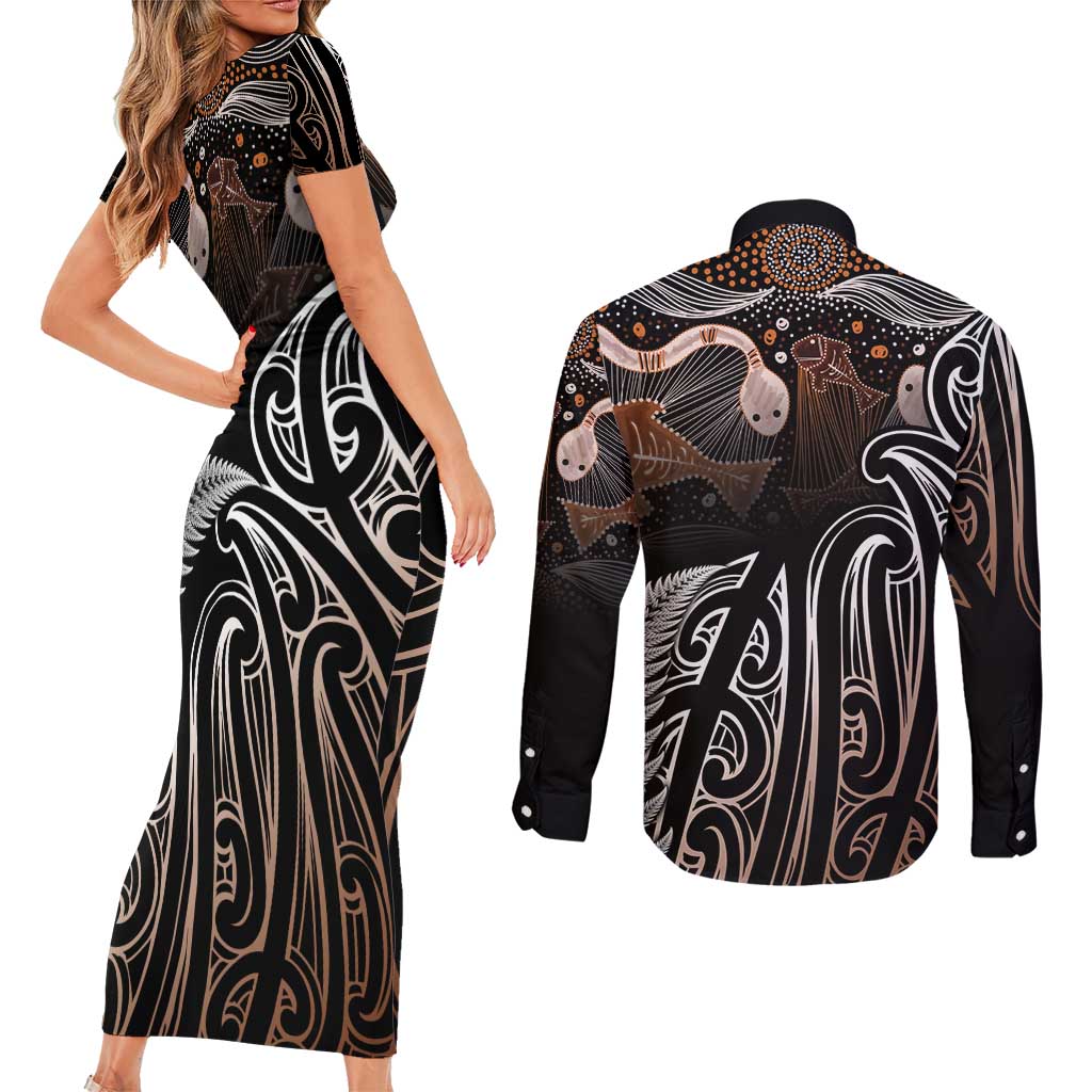 Aotearoa Maori - Australia Indigenous Couples Matching Short Sleeve Bodycon Dress and Long Sleeve Button Shirt Koiri Whakairo Mix Aboriginal Art - Polynesian Pride