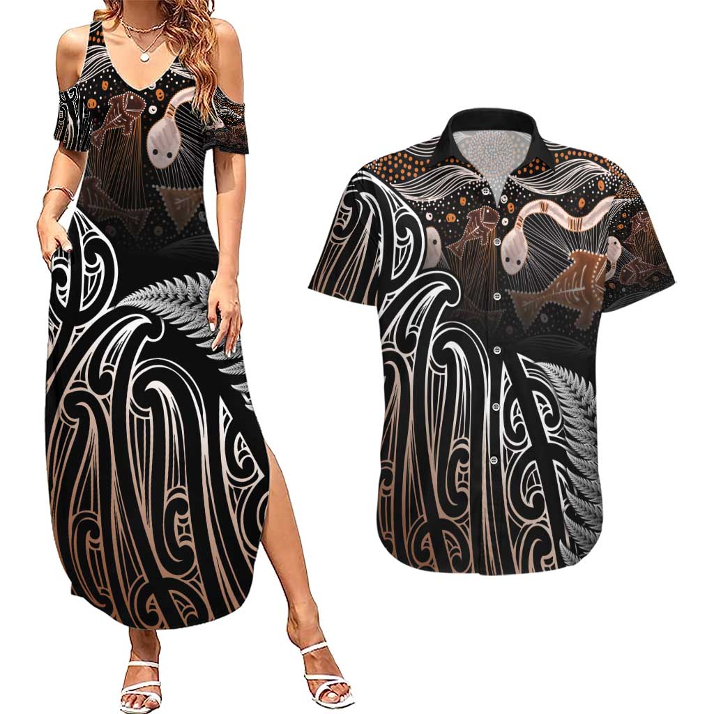 Aotearoa Maori - Australia Indigenous Couples Matching Summer Maxi Dress and Hawaiian Shirt Koiri Whakairo Mix Aboriginal Art - Polynesian Pride