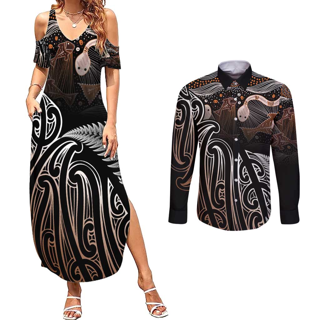Aotearoa Maori - Australia Indigenous Couples Matching Summer Maxi Dress and Long Sleeve Button Shirt Koiri Whakairo Mix Aboriginal Art - Polynesian Pride