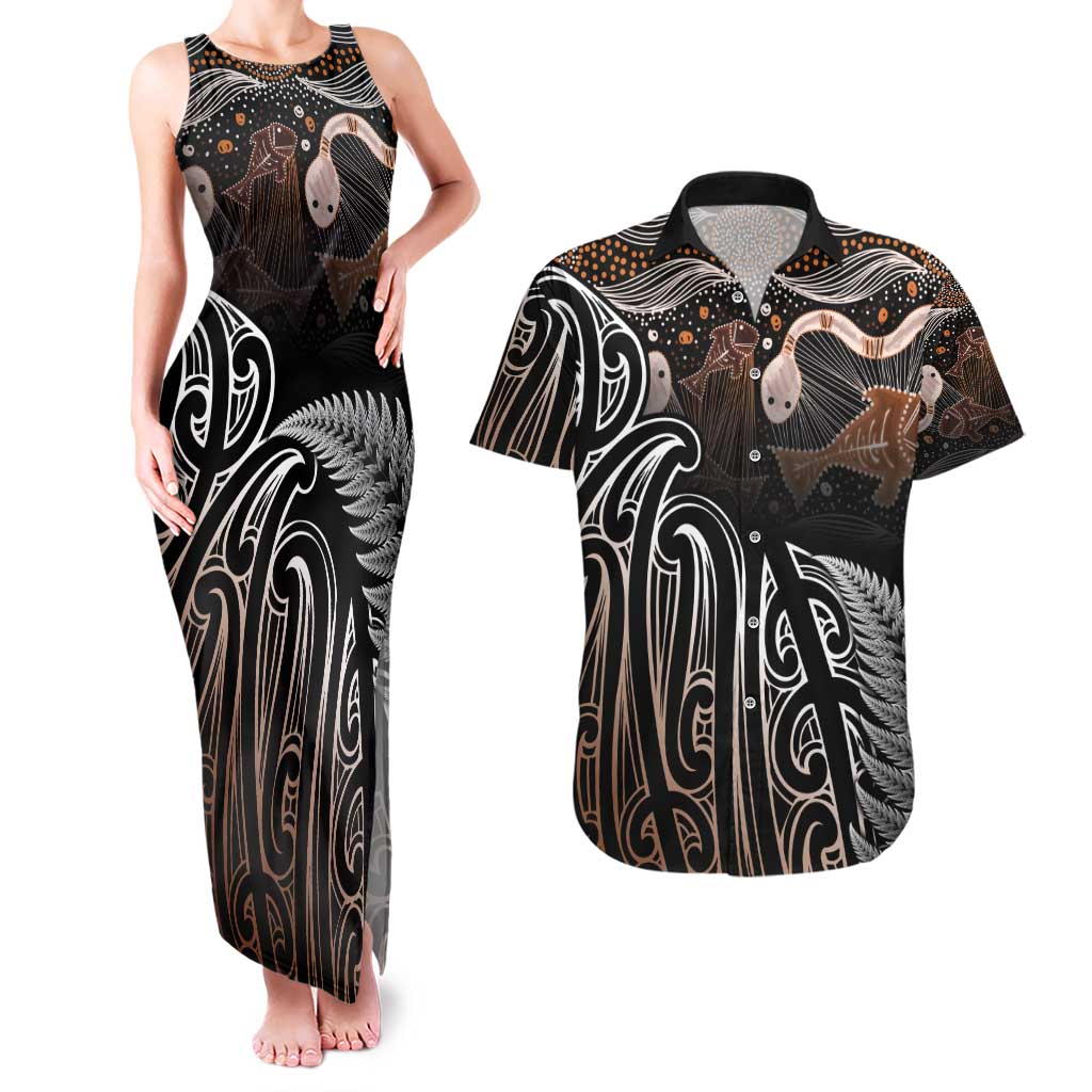 Aotearoa Maori - Australia Indigenous Couples Matching Tank Maxi Dress and Hawaiian Shirt Koiri Whakairo Mix Aboriginal Art - Polynesian Pride