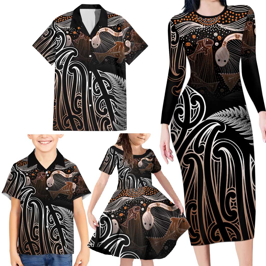 Aotearoa Maori - Australia Indigenous Family Matching Long Sleeve Bodycon Dress and Hawaiian Shirt Koiri Whakairo Mix Aboriginal Art - Polynesian Pride