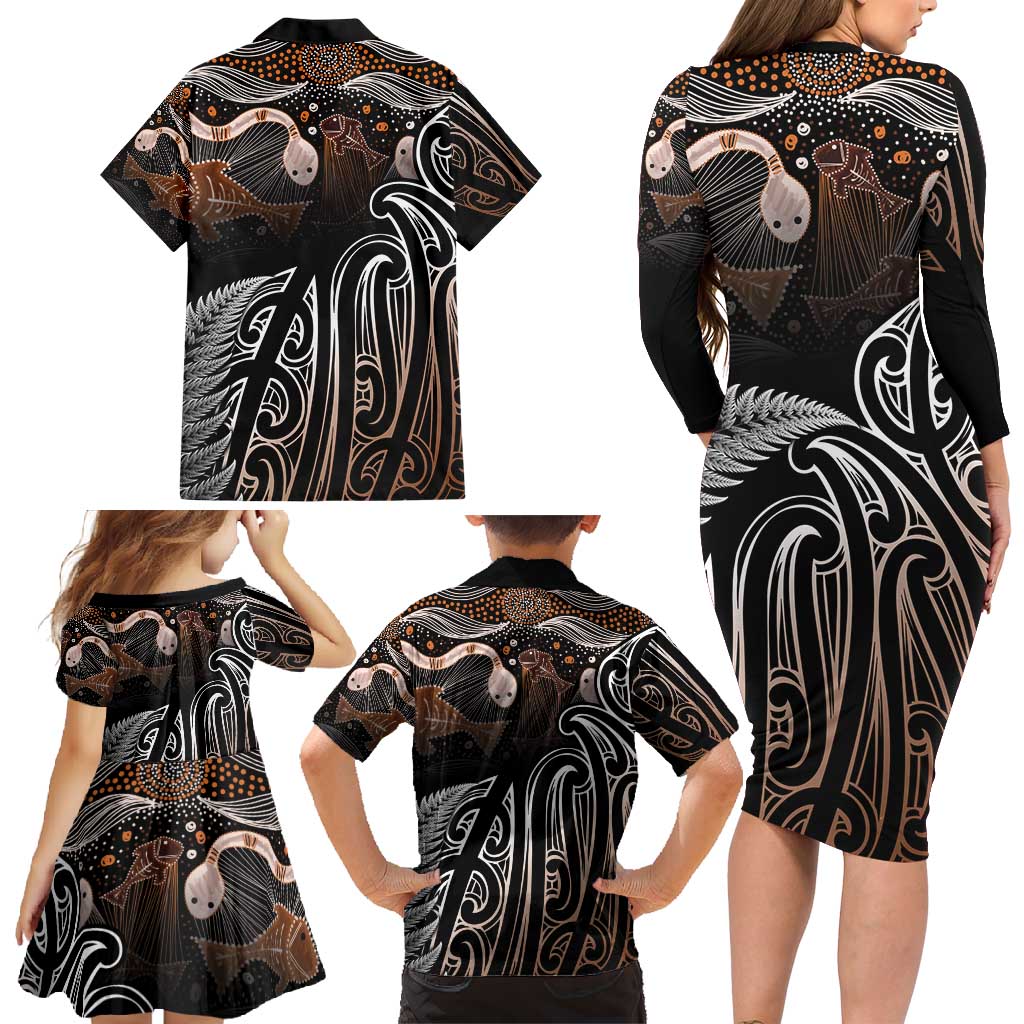 Aotearoa Maori - Australia Indigenous Family Matching Long Sleeve Bodycon Dress and Hawaiian Shirt Koiri Whakairo Mix Aboriginal Art - Polynesian Pride