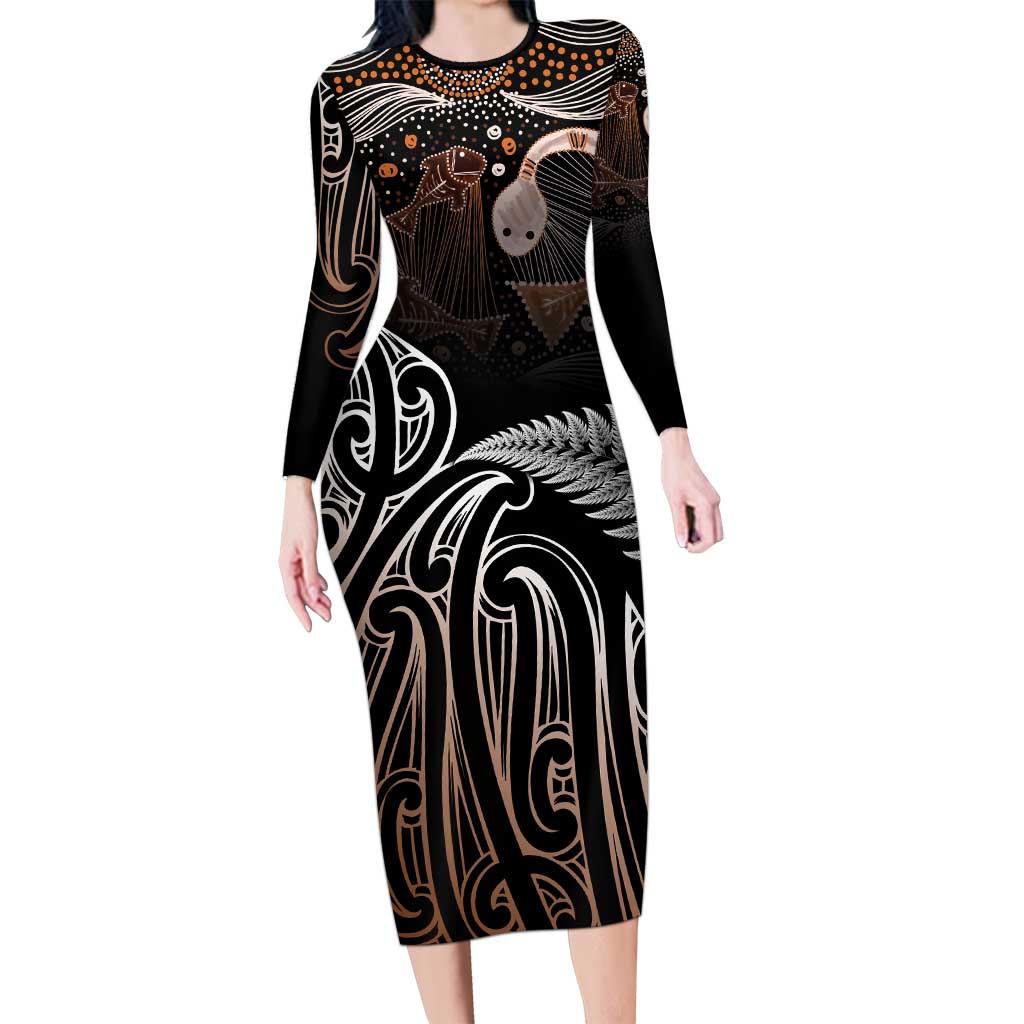 Aotearoa Maori - Australia Indigenous Family Matching Long Sleeve Bodycon Dress and Hawaiian Shirt Koiri Whakairo Mix Aboriginal Art - Polynesian Pride