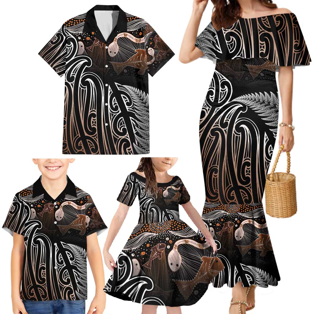 Aotearoa Maori - Australia Indigenous Family Matching Mermaid Dress and Hawaiian Shirt Koiri Whakairo Mix Aboriginal Art - Polynesian Pride