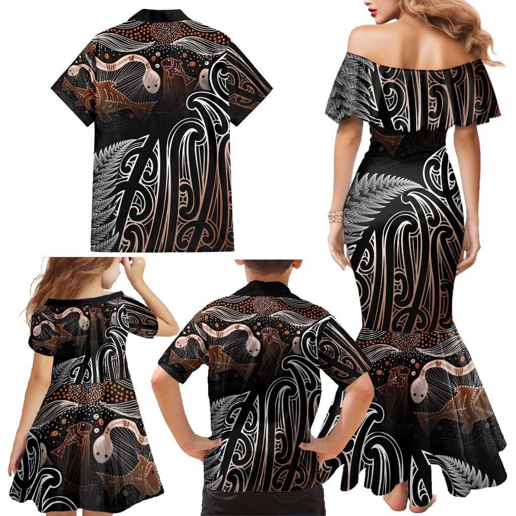 Aotearoa Maori - Australia Indigenous Family Matching Mermaid Dress and Hawaiian Shirt Koiri Whakairo Mix Aboriginal Art - Polynesian Pride