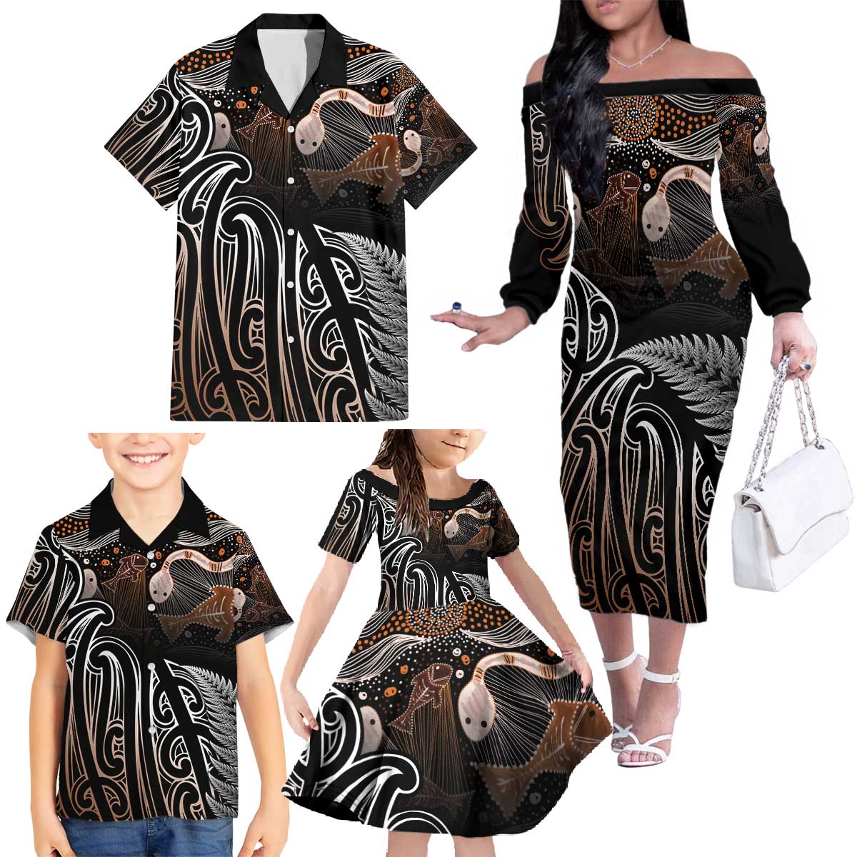 Aotearoa Maori - Australia Indigenous Family Matching Off The Shoulder Long Sleeve Dress and Hawaiian Shirt Koiri Whakairo Mix Aboriginal Art - Polynesian Pride
