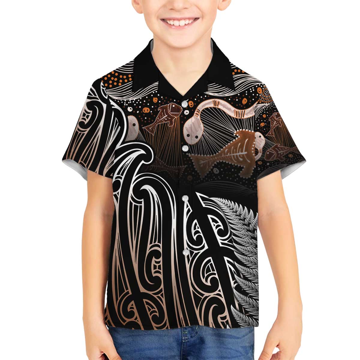 Aotearoa Maori - Australia Indigenous Family Matching Off The Shoulder Long Sleeve Dress and Hawaiian Shirt Koiri Whakairo Mix Aboriginal Art - Polynesian Pride