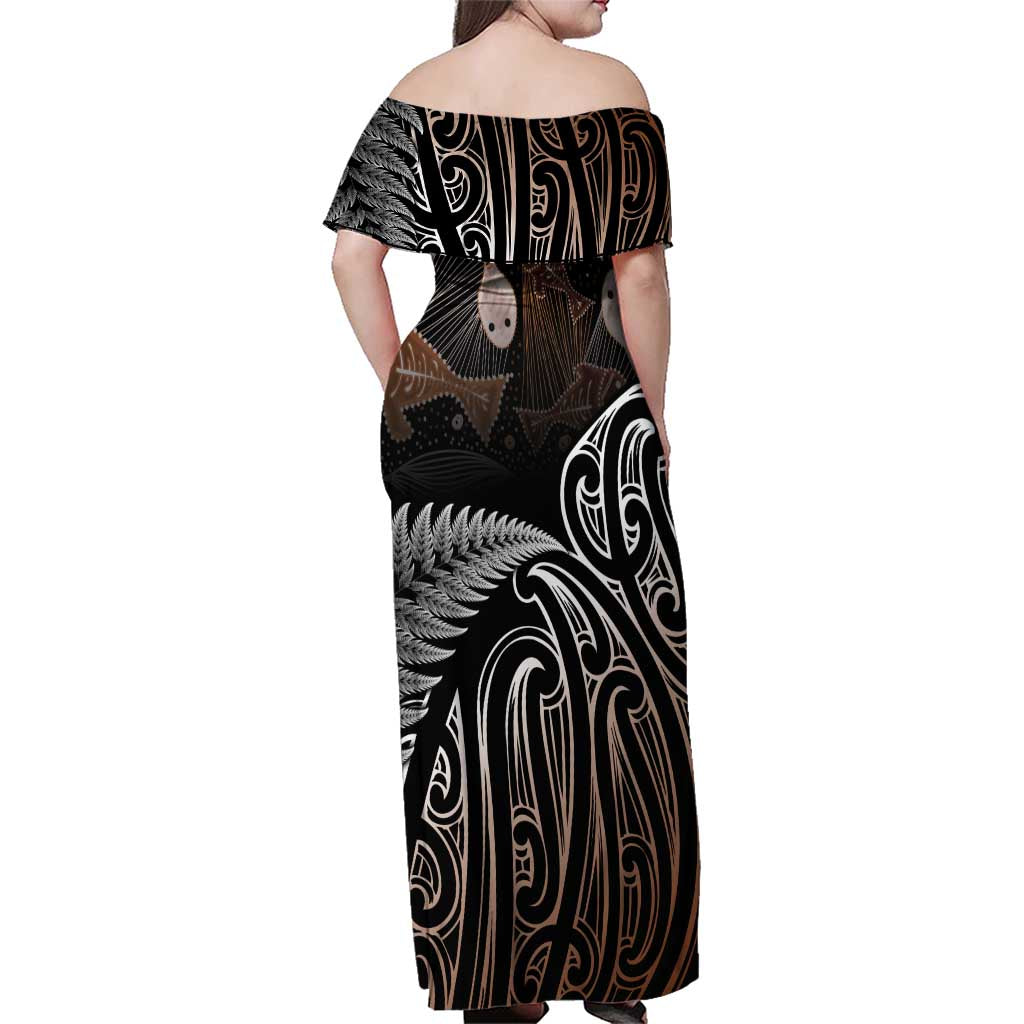 Aotearoa Maori - Australia Indigenous Family Matching Off Shoulder Maxi Dress and Hawaiian Shirt Koiri Whakairo Mix Aboriginal Art - Polynesian Pride