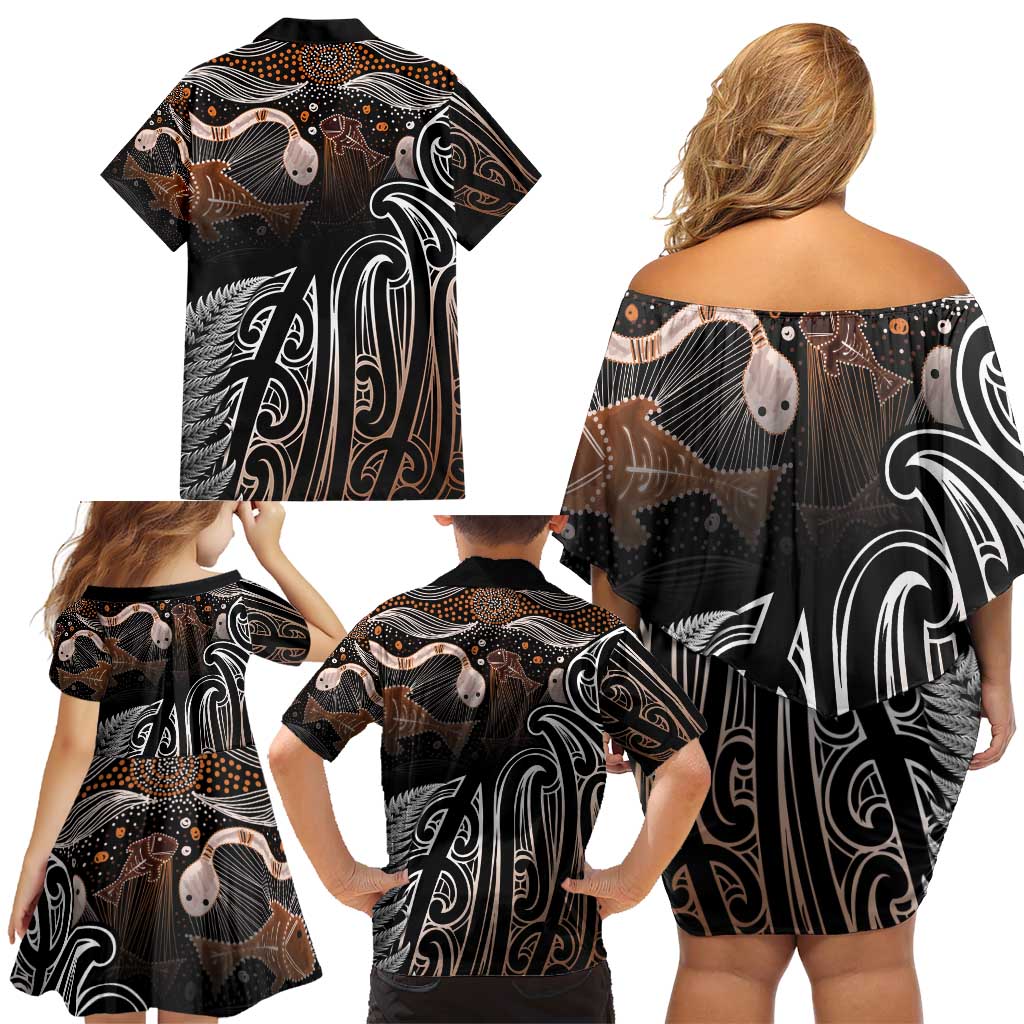 Aotearoa Maori - Australia Indigenous Family Matching Off Shoulder Short Dress and Hawaiian Shirt Koiri Whakairo Mix Aboriginal Art - Polynesian Pride