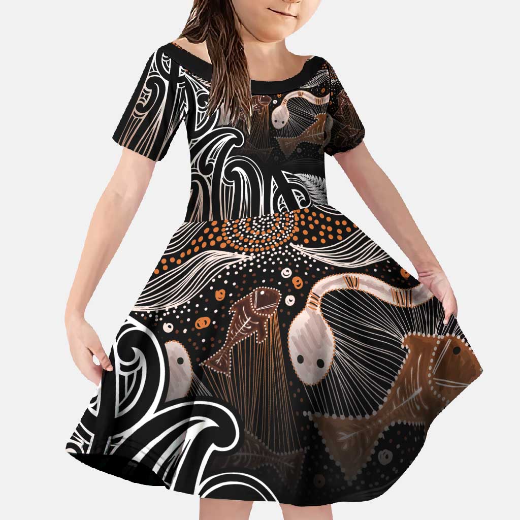 Aotearoa Maori - Australia Indigenous Family Matching Short Sleeve Bodycon Dress and Hawaiian Shirt Koiri Whakairo Mix Aboriginal Art - Polynesian Pride
