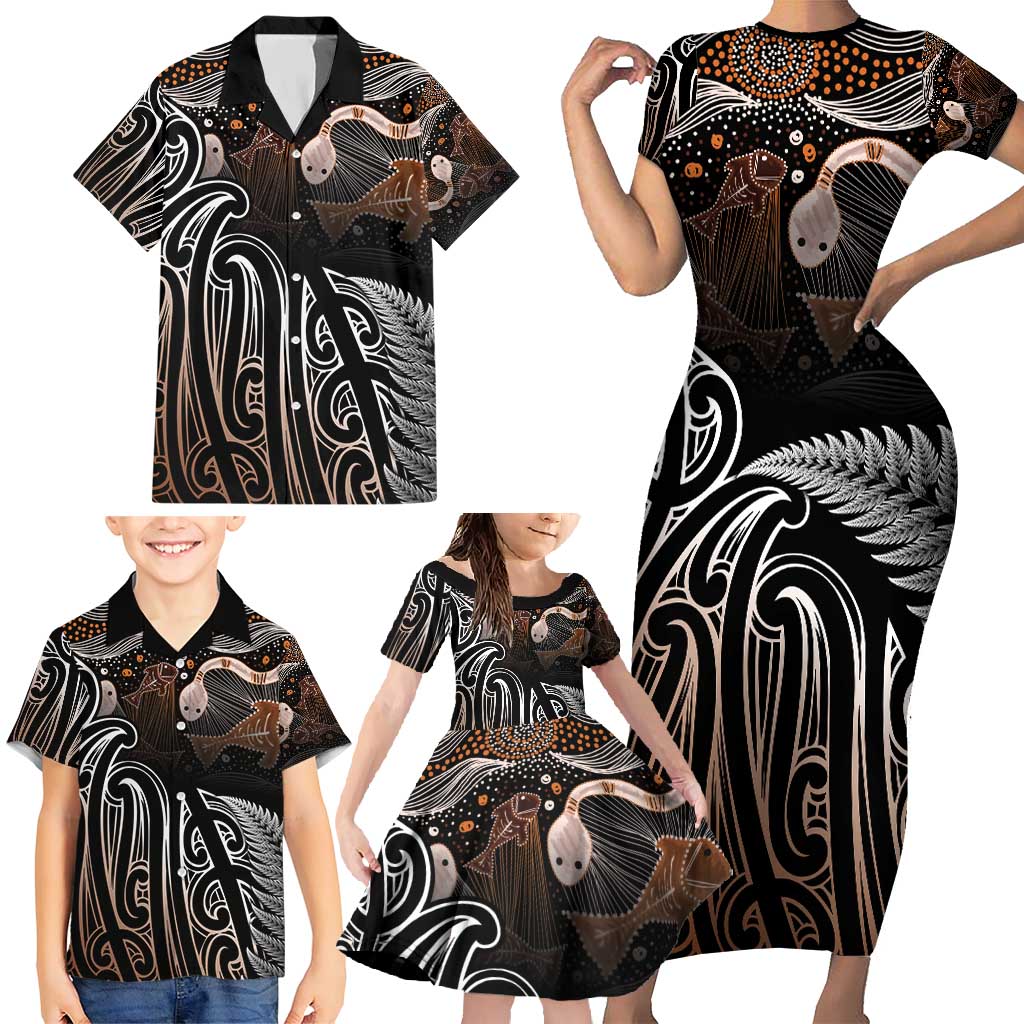 Aotearoa Maori - Australia Indigenous Family Matching Short Sleeve Bodycon Dress and Hawaiian Shirt Koiri Whakairo Mix Aboriginal Art - Polynesian Pride