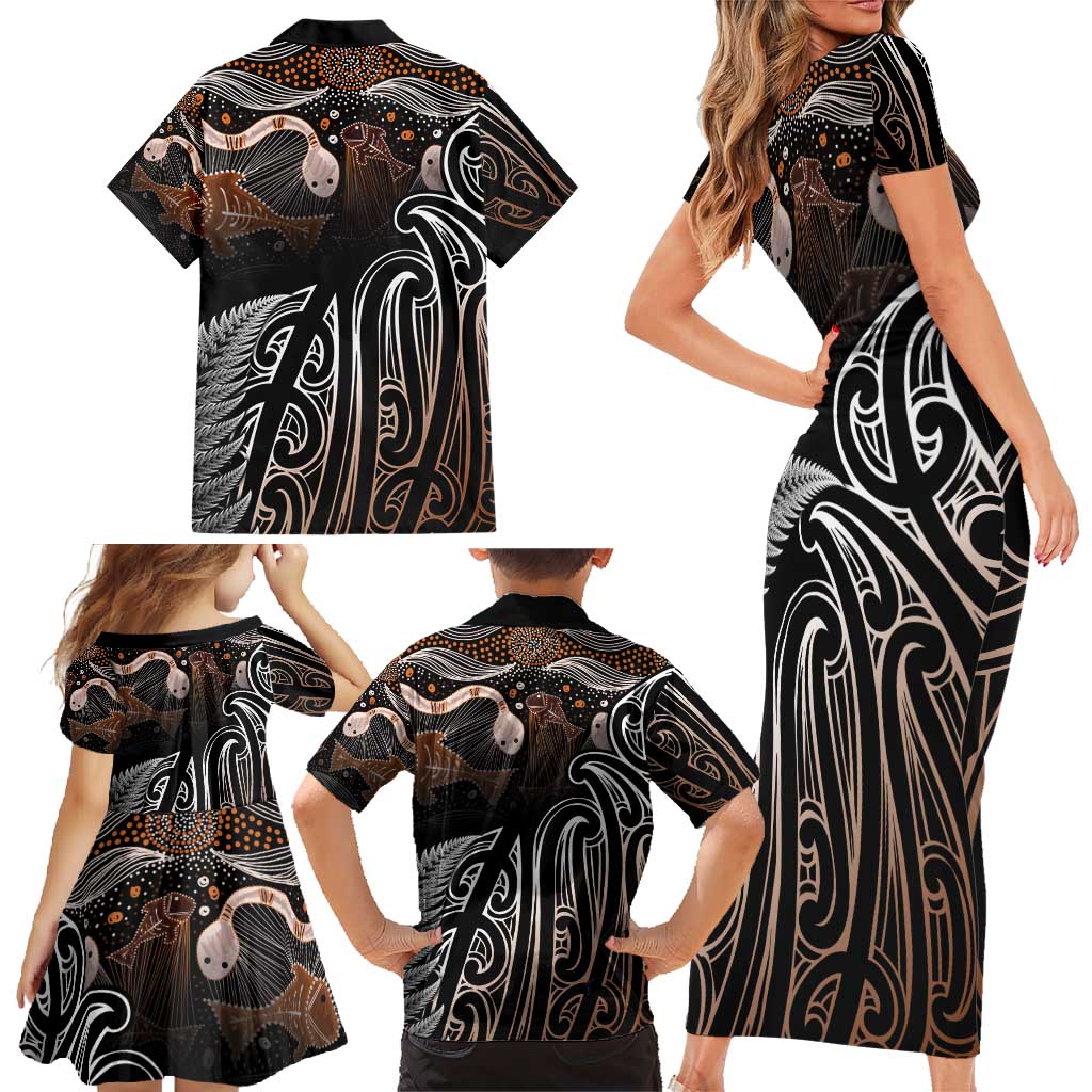 Aotearoa Maori - Australia Indigenous Family Matching Short Sleeve Bodycon Dress and Hawaiian Shirt Koiri Whakairo Mix Aboriginal Art - Polynesian Pride