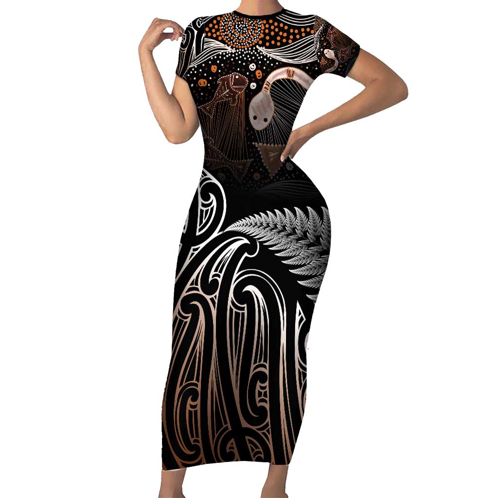 Aotearoa Maori - Australia Indigenous Family Matching Short Sleeve Bodycon Dress and Hawaiian Shirt Koiri Whakairo Mix Aboriginal Art - Polynesian Pride
