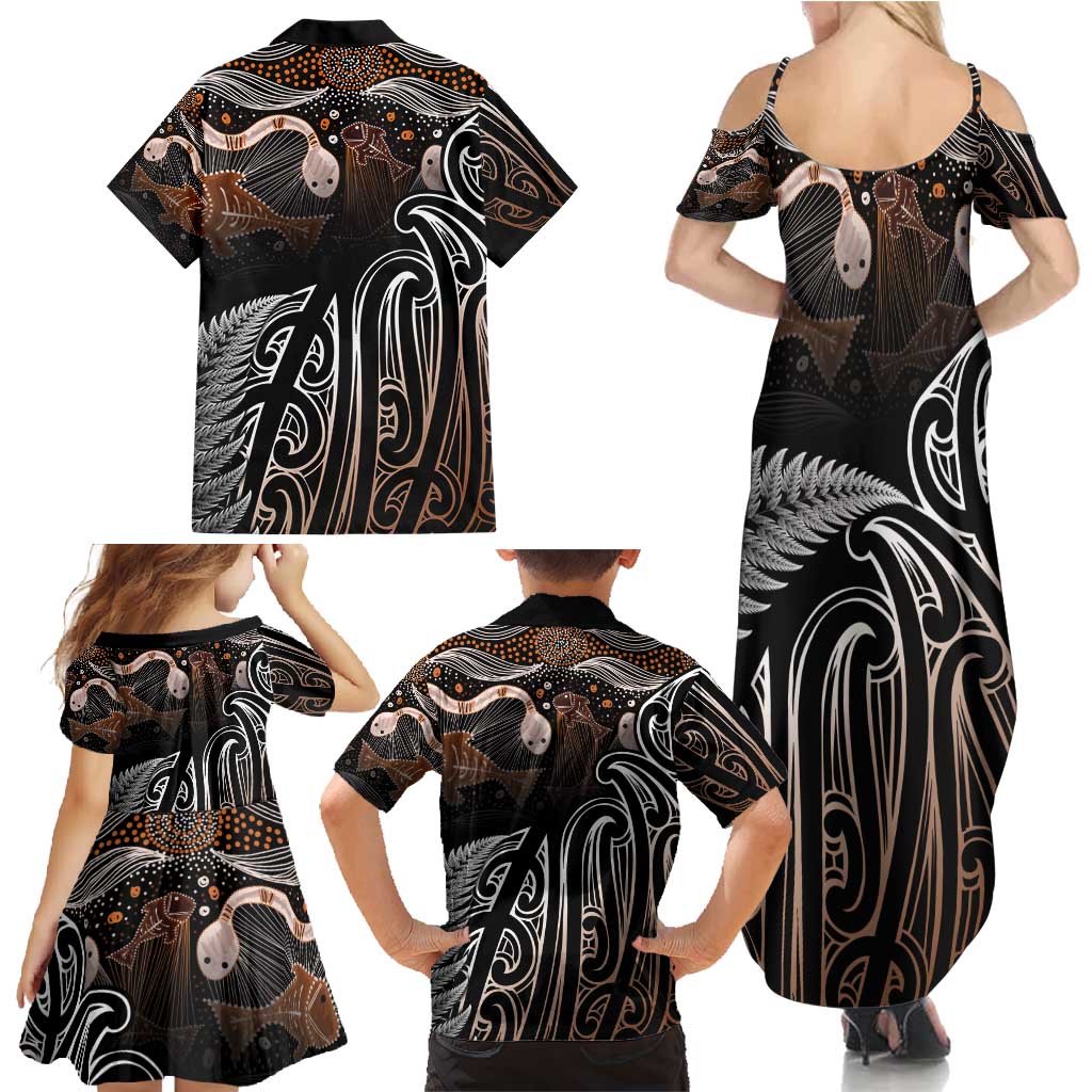 Aotearoa Maori - Australia Indigenous Family Matching Summer Maxi Dress and Hawaiian Shirt Koiri Whakairo Mix Aboriginal Art - Polynesian Pride