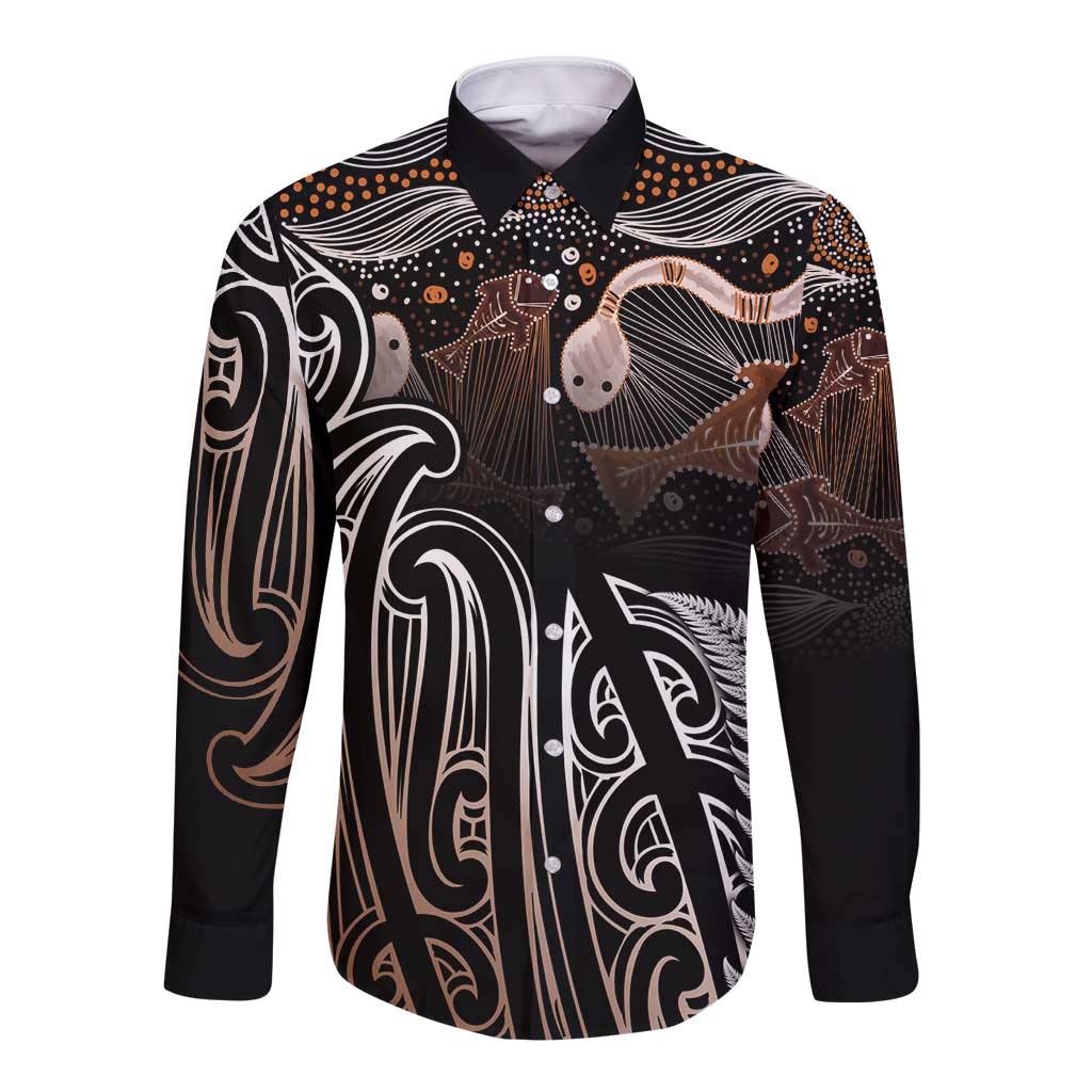 Aotearoa Maori - Australia Indigenous Long Sleeve Button Shirt Koiri Whakairo Mix Aboriginal Art - Polynesian Pride